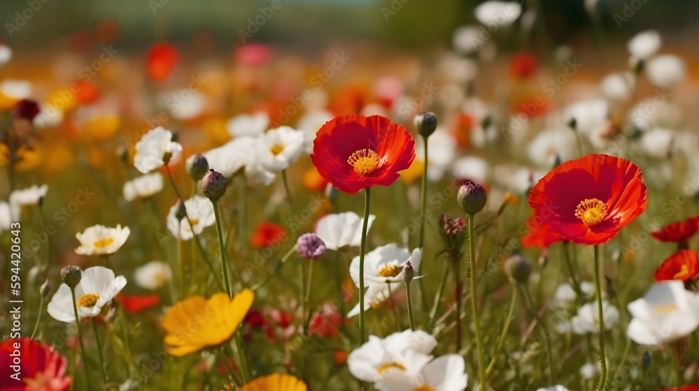 Colorful flowers on a spring meadow.Generative ai. Colorful flowers on a spring meadow.Generative ai.