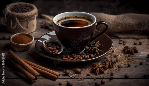 Coffee with cinnamon. Coffee in a cup on a wooden tabletop. Banner. Copy space. Generative AI