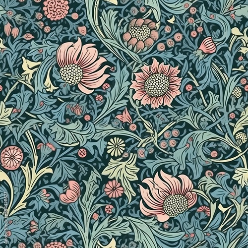 seamless floral blue and pink pattern, background, repeating
