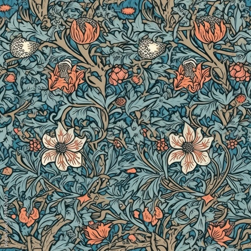 seamless floral blue and orange, pattern, background
