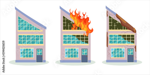 A destroyed building after a fire or an earthquake. Ruined city buildings after the war. Damaged city with old broken dilapidated housing. Vector illustration isolated on white background.