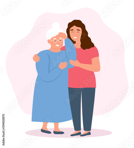 Help for the elderly. The old woman has a migraine, Alzheimer's headache. The nurse supports the patient. Vector flat graphics.