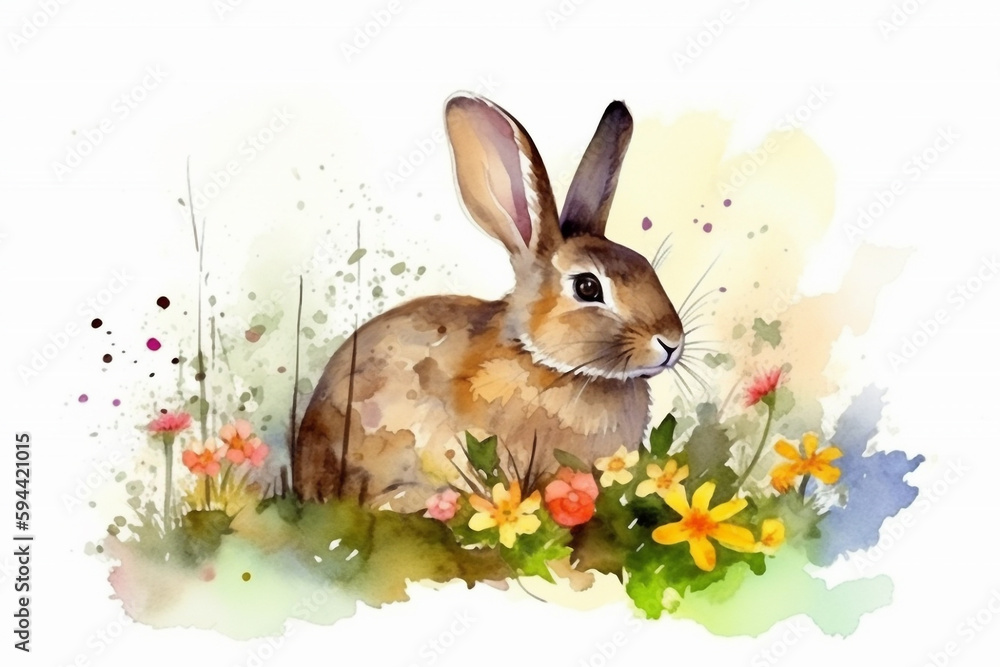 Watercolor painting of a beautiful rabbit in a colorful flower field. Ideal for art print, greeting card, springtime concepts etc. Made with generative AI. Watercolor painting of a beautiful rabbit in a colorful flower field. Ideal for art print, greeting card, springtime concepts etc. Made with generative AI.