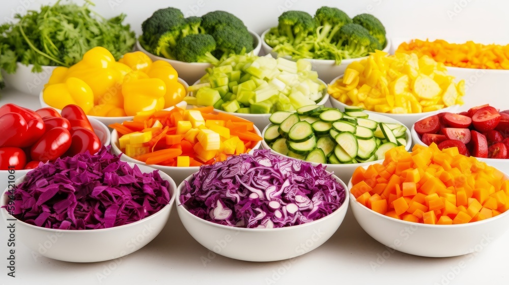A variety of colorful chopped vegetables in rainbow colors. Generative AI. 