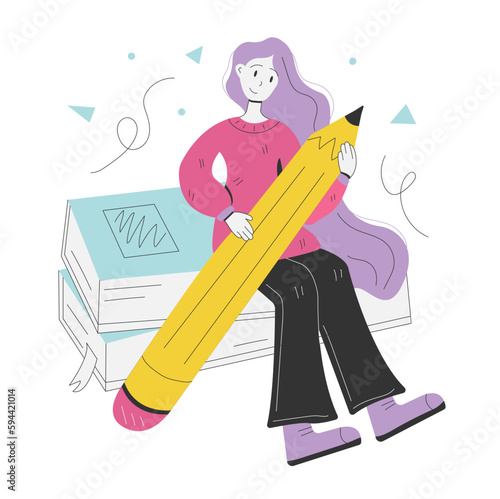 Student girl with giant Pencil. Young person holding pencil and sitting on books. Cute funny isolated characters. Flat style.