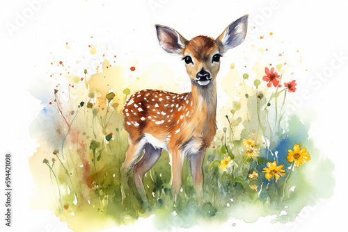 Watercolor painting of a beautiful deer or fawn in a colorful flower field. Ideal for art print, greeting card, springtime concepts etc. Made with generative AI.