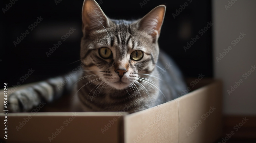 Cute grey tabby cat in cardboard box on floor at home. cardboard box with a cat Cute grey tabby cat in cardboard box on floor at home. cardboard box with a cat