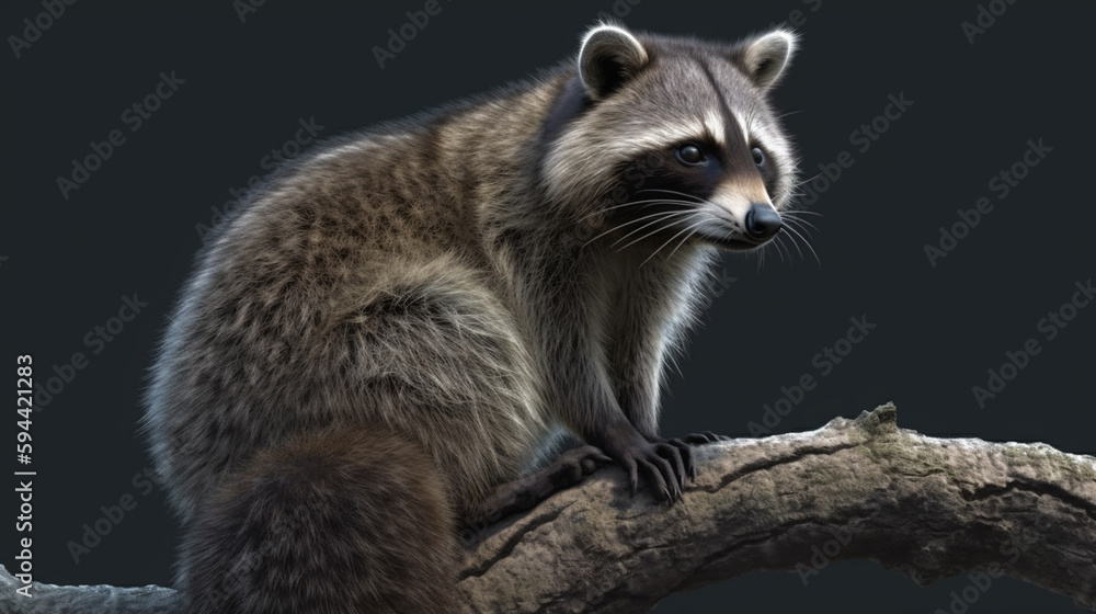 A raccoon carefully looks on from a sturdy tree branch A raccoon carefully looks on from a sturdy tree branch