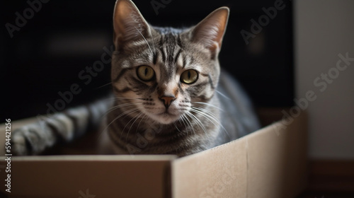 Cute grey tabby cat in cardboard box on floor at home. cardboard box with a cat