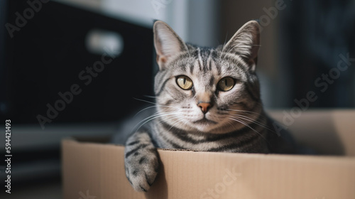 Cute grey tabby cat in cardboard box on floor at home. cardboard box with a cat © We3 Animal