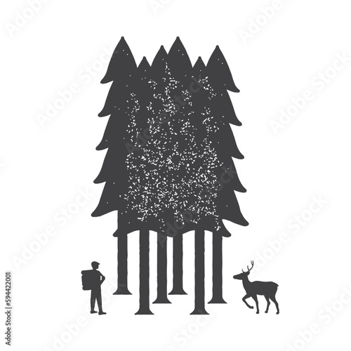 Forest wanderer and deer. Vector illustration with traveler and deer in forest in polychrome color on isolated white background