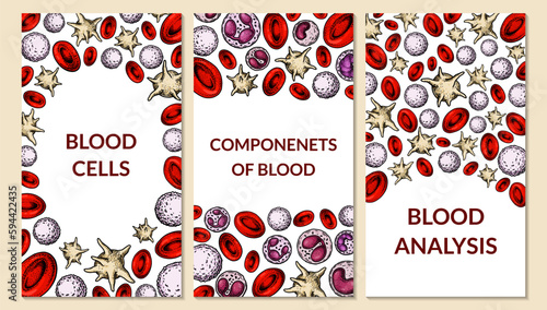 Set of blood cells backgrounds. Design for blood test, anemia, donation, hemophilia, laboratory scientific research concepts. Vector illustration in sketch style