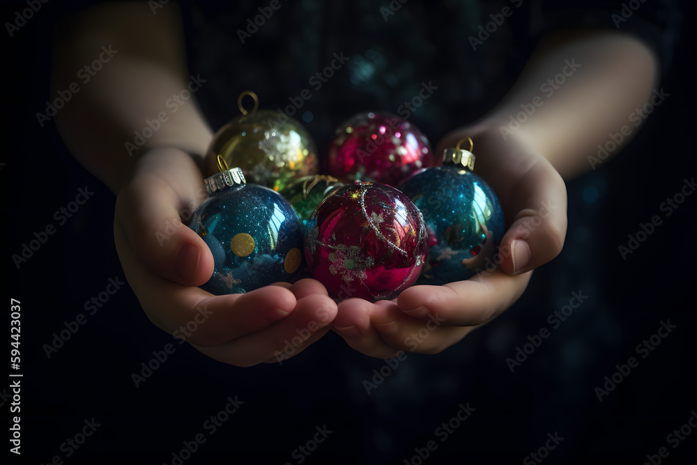 Jeune fille tenant des boules de noël pour décorer son sapin » IA générative Jeune fille tenant des boules de noël pour décorer son sapin » IA générative