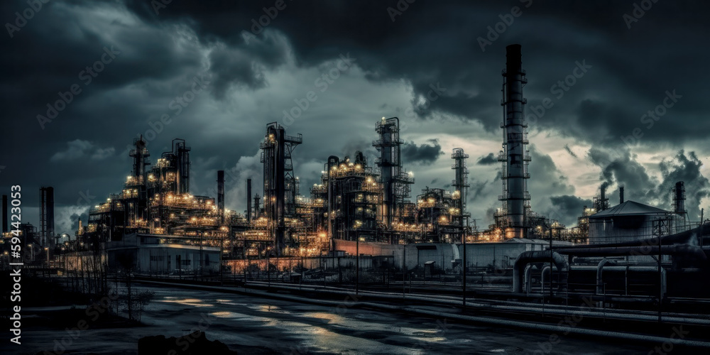 Industrie 4.0 Schwerindustrie Atomindustrie  Chemieindustrie Raffinerie	im Abendlicht Illustration Background Wandbild Generative AI Digital Art
