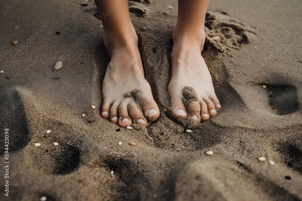 Gros plan sur des pieds dans le sable mouillé d'une plage » IA générative - obrazy, fototapety, plakaty 