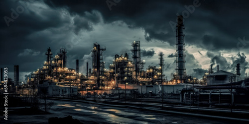Industrie 4.0 Schwerindustrie Atomindustrie Chemieindustrie Raffinerie im Abendlicht Illustration Background Wandbild Generative AI Digital Art 