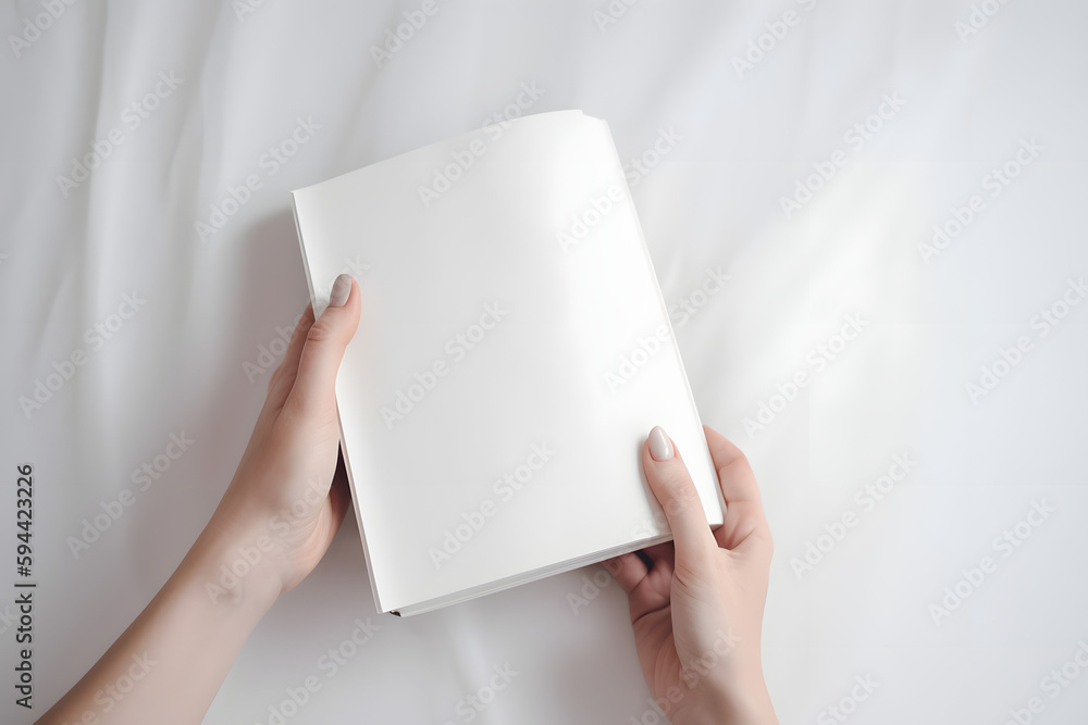 Mains tenant un livre avec une couverture blanche sur un drapé blanc » IA générative Mains tenant un livre avec une couverture blanche sur un drapé blanc » IA générative