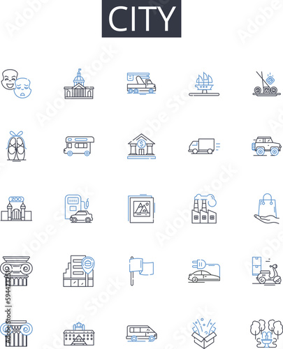 City line icons collection. Management, Control, Oversight, Supervision, Care, Regulation, Handling vector and linear illustration. Administration,Operation,Maintenance outline signs set