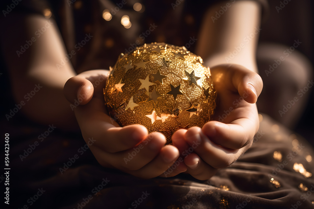 Enfant tenant une boule dorée remplie d'étoiles » IA générative Enfant tenant une boule dorée remplie d'étoiles » IA générative