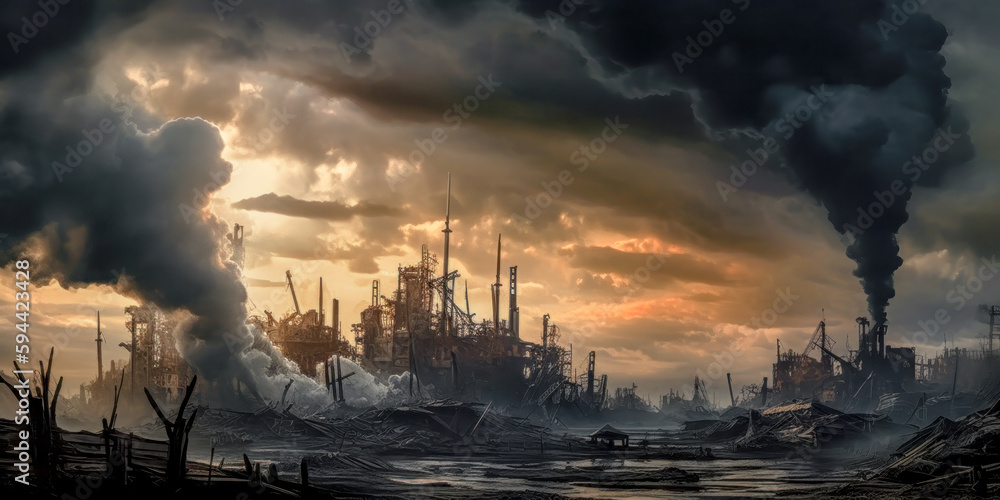 Fototapeta premium Industrie 4.0 Schwerindustrie Atomindustrie Chemieindustrie Raffinerie im Abendlicht Illustration Background Wandbild Generative AI Digital Art