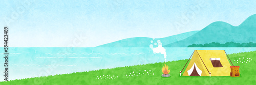海が広がるキャンプ場の風景 夏の水彩背景イラスト