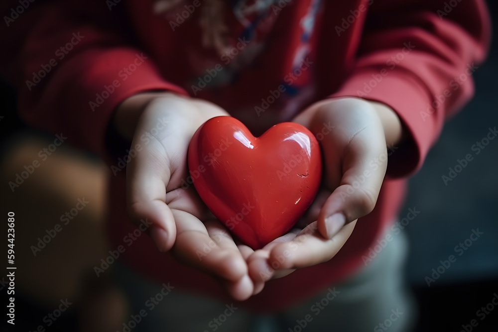 Enfant tenant un coeur rouge en plastique dans ses mains » IA générative Enfant tenant un coeur rouge en plastique dans ses mains » IA générative