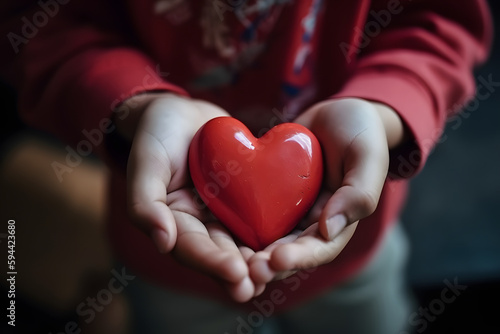 Enfant tenant un coeur rouge en plastique dans ses mains » IA générative photo