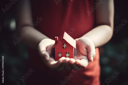 Enfant tenant une maison rouge dans ses mains » IA générative photo