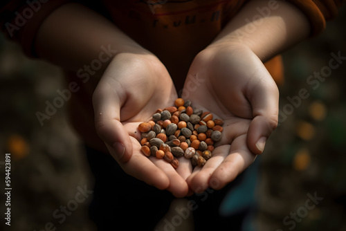 Enfant tenant des graines à semer dans ses mains » IA générative photo