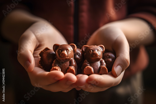 Mains tenant des nounours en guimauve et au chocolat » IA générative photo