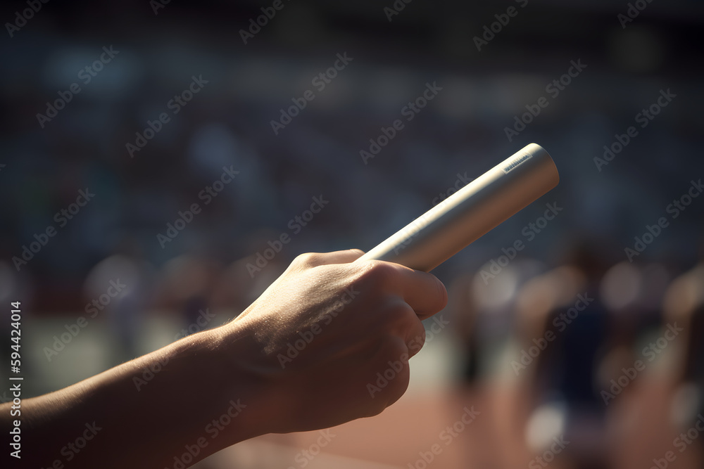 Main d'un athlète tenant un bâton de relais sur une piste de course