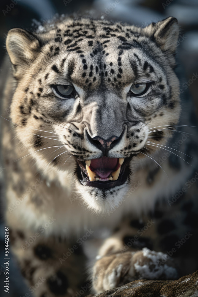 Snow leopard in the winter mountain forest. Wilde cat animal aggressive grinning towards camera Snow leopard in the winter mountain forest. Wilde cat animal aggressive grinning towards camera