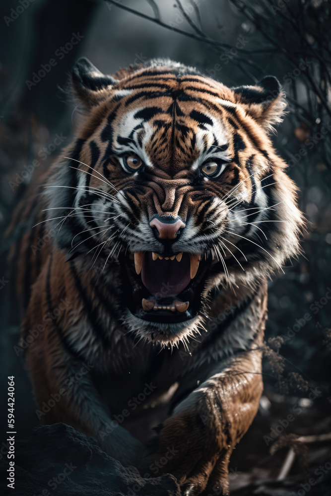Fototapeta premium Wild tiger roaring aggressively. Jungle forest generative ai