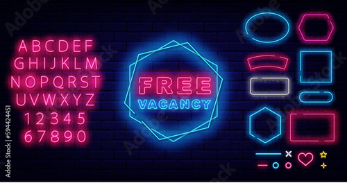 Free vacancy neon label on brick wall. Welcome to our team. Job searching design. Vector stock illustration