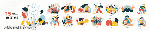 Lifestyle series set - modern flat vector illustrations of people living their lives and engaging in a hobby. People society activities methapors and hobbies concept