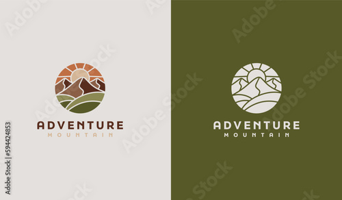 Mountain travel emblems. Camping outdoor adventure emblems, badges and logo patches. Mountain tourism, hiking. Universal creative premium symbol. Vector illustration