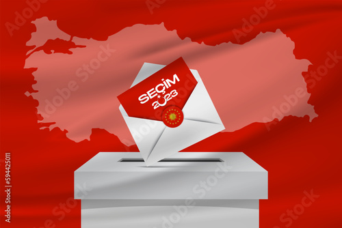 General and Presidential elections in Turkey 14 May 2023. (Turkish Translate on the Image: 14 Mayıs Türkiye Cumhurbaşkanlığı Seçimi) Ballot Box and Turkish Flag Symbol and Presidential symbol.