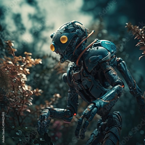 Alien new species meet at grass he have bionic parts of body © Artur