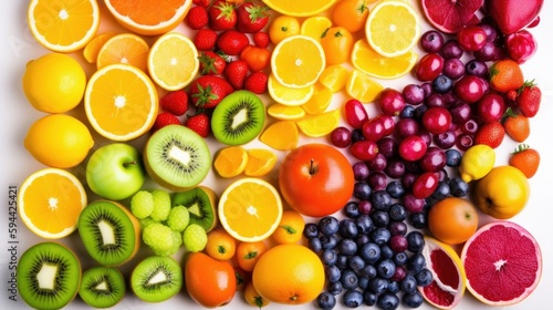 A colorful grouping of varied fruits on a white background. Generative AI. 