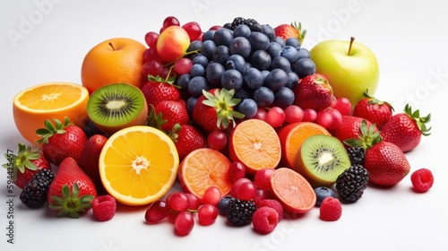 A colorful grouping of varied fruits on a white background. Generative AI. 