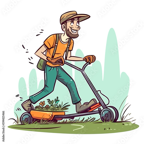 A happy young gardener rides a scooter which is loaded with plant seedlings. A healthy lifestyle, floristry concept. Cartoon vector illustration. label, sticker, t-shirt printing