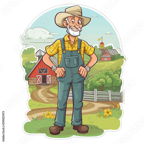 Happy farmer with his farm and rural landscape in the background. A healthy lifestyle, agriculture, farm concept. Cartoon vector illustration. label, sticker, t-shirt printing