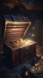 Treasure chest filled with gold and gold coins in a cave. Abundant riches. Hidden valuable items. Generative AI.