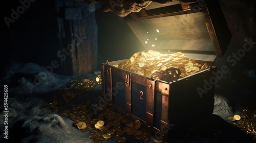 Treasure chest filled with gold and gold coins in a cave. Abundant riches. Hidden valuable items. Generative AI.