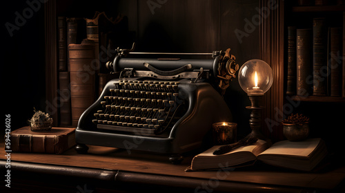 A still-life composition of an antique typewriter and a stack of classic books on a wooden desk