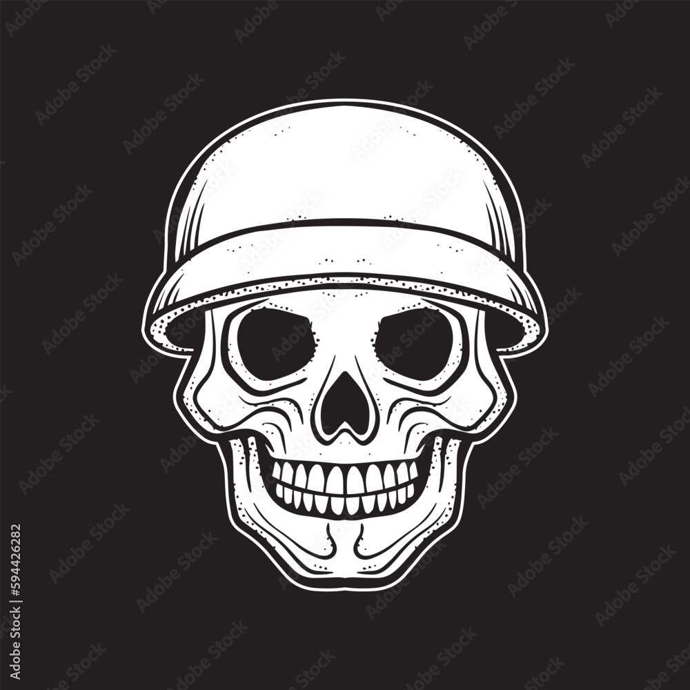A skull with a helmet art Illustration hand drawn style black and white premium vector 