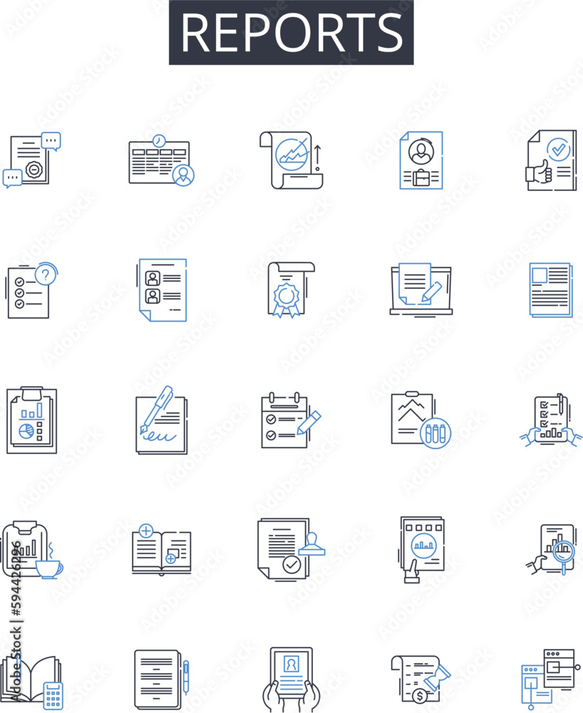 Reports line icons collection. Records, Files, Documents, Accounts, Bulletins, Briefings, Announcements vector and linear illustration. Summaries,Notations,Memos outline signs set