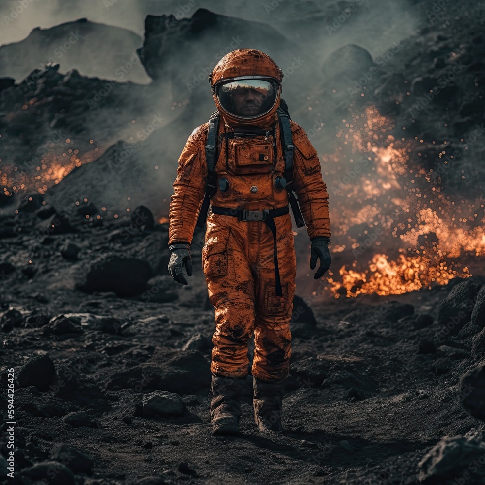 Fototapeta premium Astronaut fire magma volcano planet hot