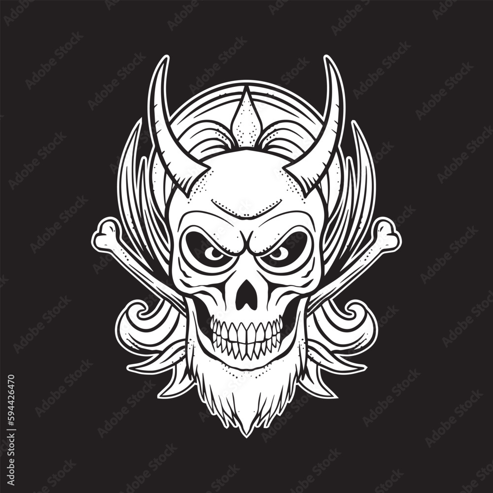 A skull with horns art Illustration hand drawn style black and white premium vector