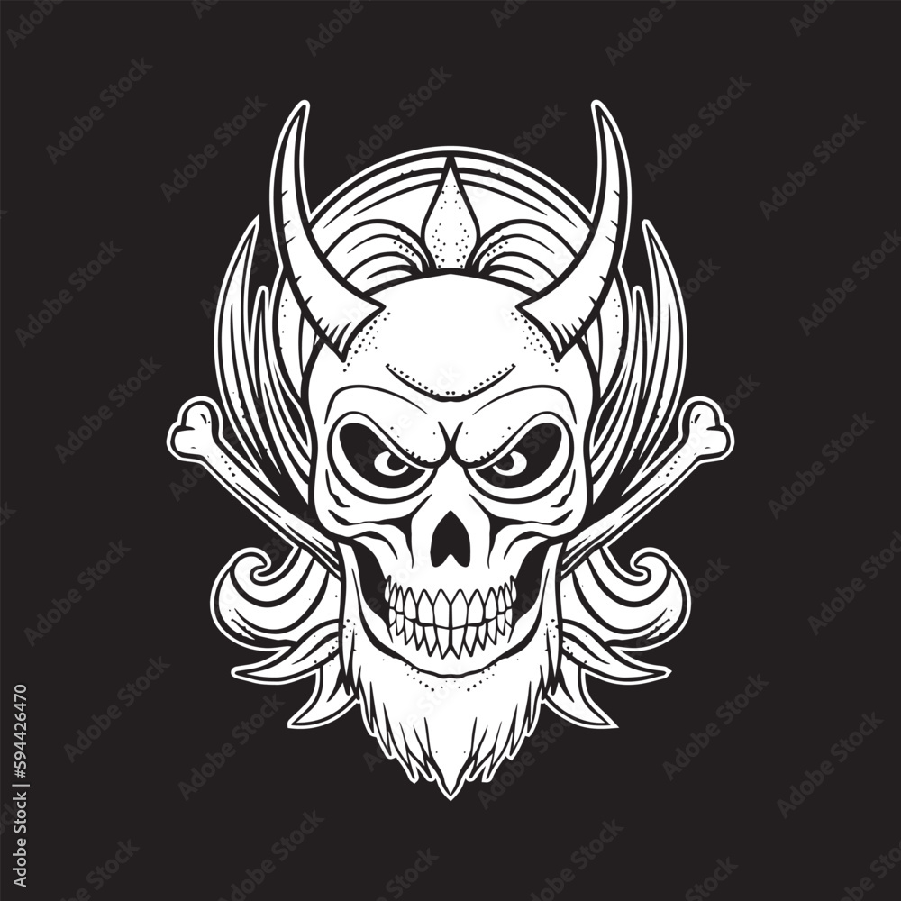 A skull with horns art Illustration hand drawn style black and white premium vector A skull with horns art Illustration hand drawn style black and white premium vector